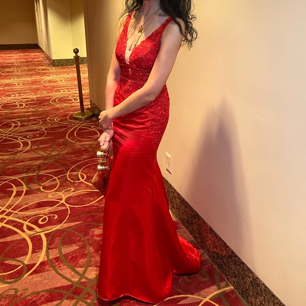 JJs House Red trumpet/mermaid satin dress with sequins and beads